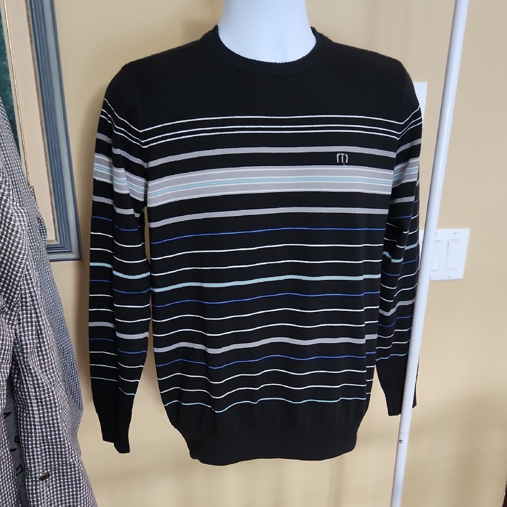 Travis Mathew Sz M  Black and Gray  and Blue Striped Crewneck Sweater